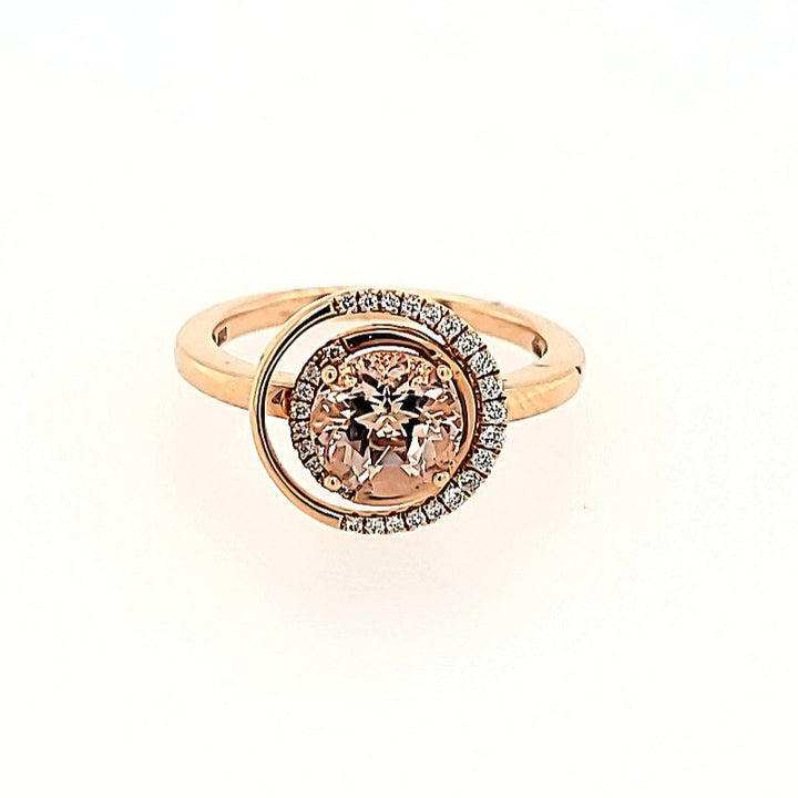 Eclipse Inspired Morganite Halo Ring with Diamonds in 14k Gold