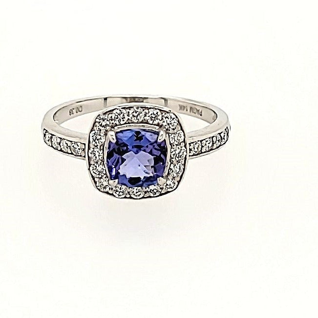 Tanzanite Halo Ring with Diamonds in 14k Gold
