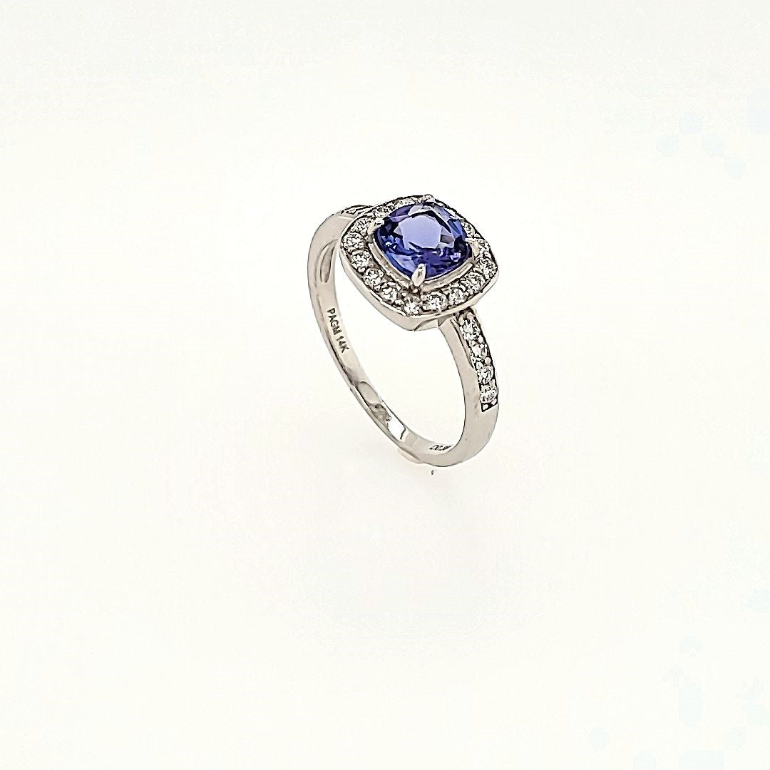 Tanzanite Halo Ring with Diamonds in 14k Gold