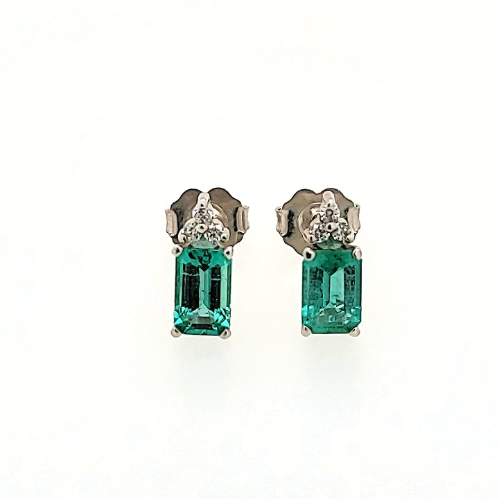 Emerald Stud Earrings with Diamond Accents in 14k Gold