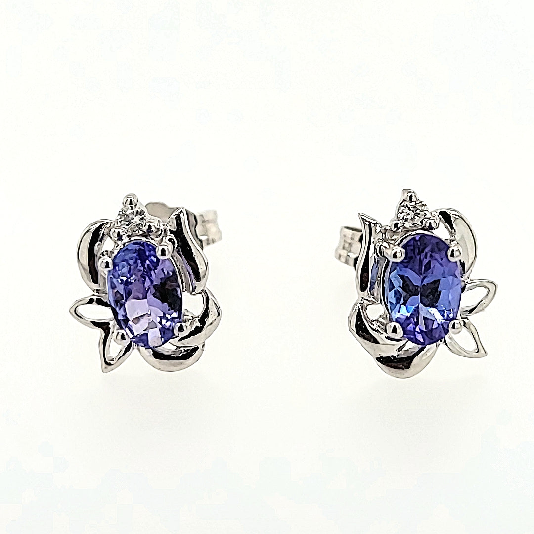 Tanzanite Floral Studs with Diamond Accents in 14k Gold
