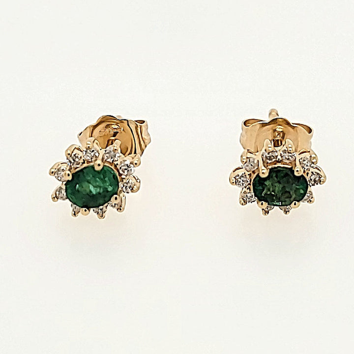 Emerald Studs with Diamond Halo in 14k Gold
