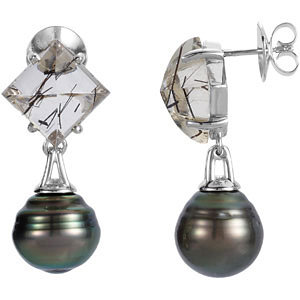 Tourmalinated Quartz and Black Tahitian Pearl Earrings in 18k Gold