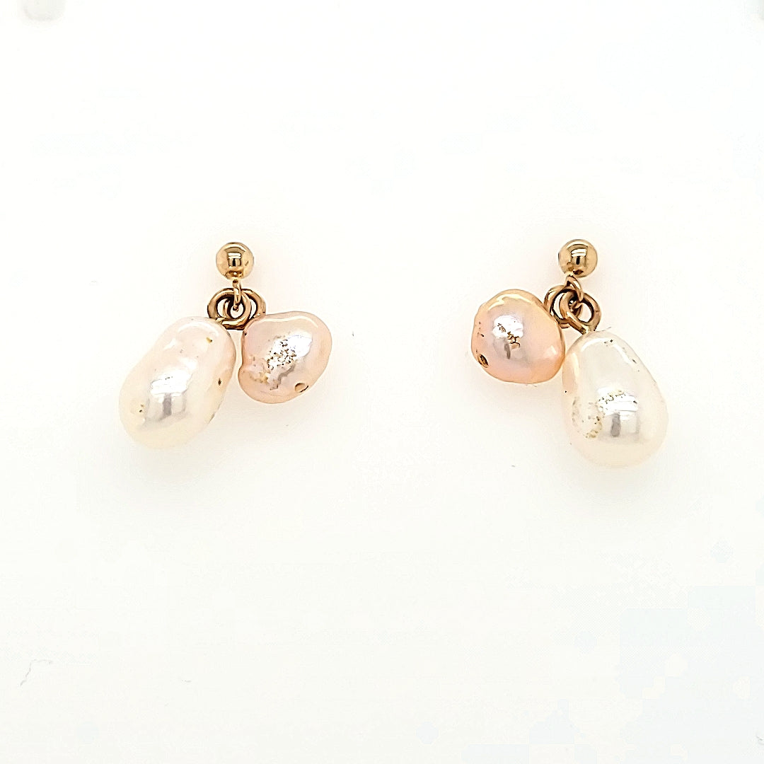 White and Pink Pearl Earrings in 14k Gold