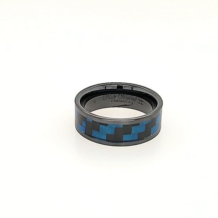 Black Diamond Ceramic Ring with blue and black carbon fiber weave inlay