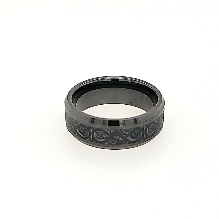 Black Ceramic Wedding Band with Viking Inspired Laser Etching