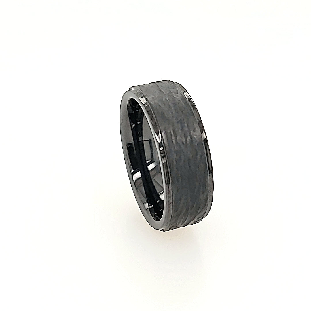 Black Ceramic Ring with Handcarved Bark Engraving