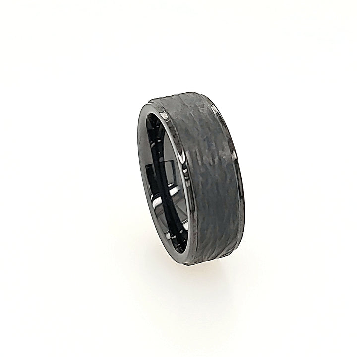 Black Ceramic Ring with Handcarved Bark Engraving