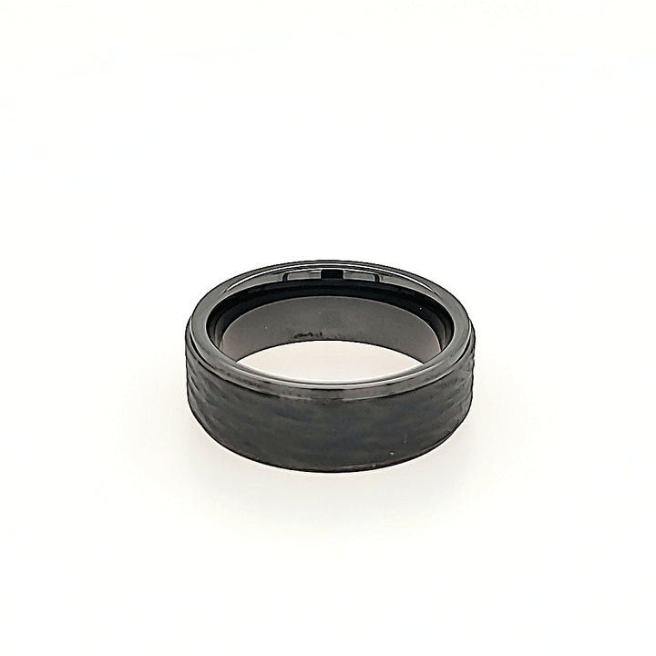 Black Ceramic Ring with Handcarved Bark Engraving