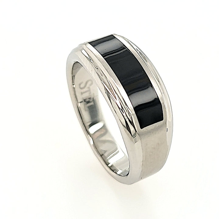 Stainless Steel and Black Enamel Ring