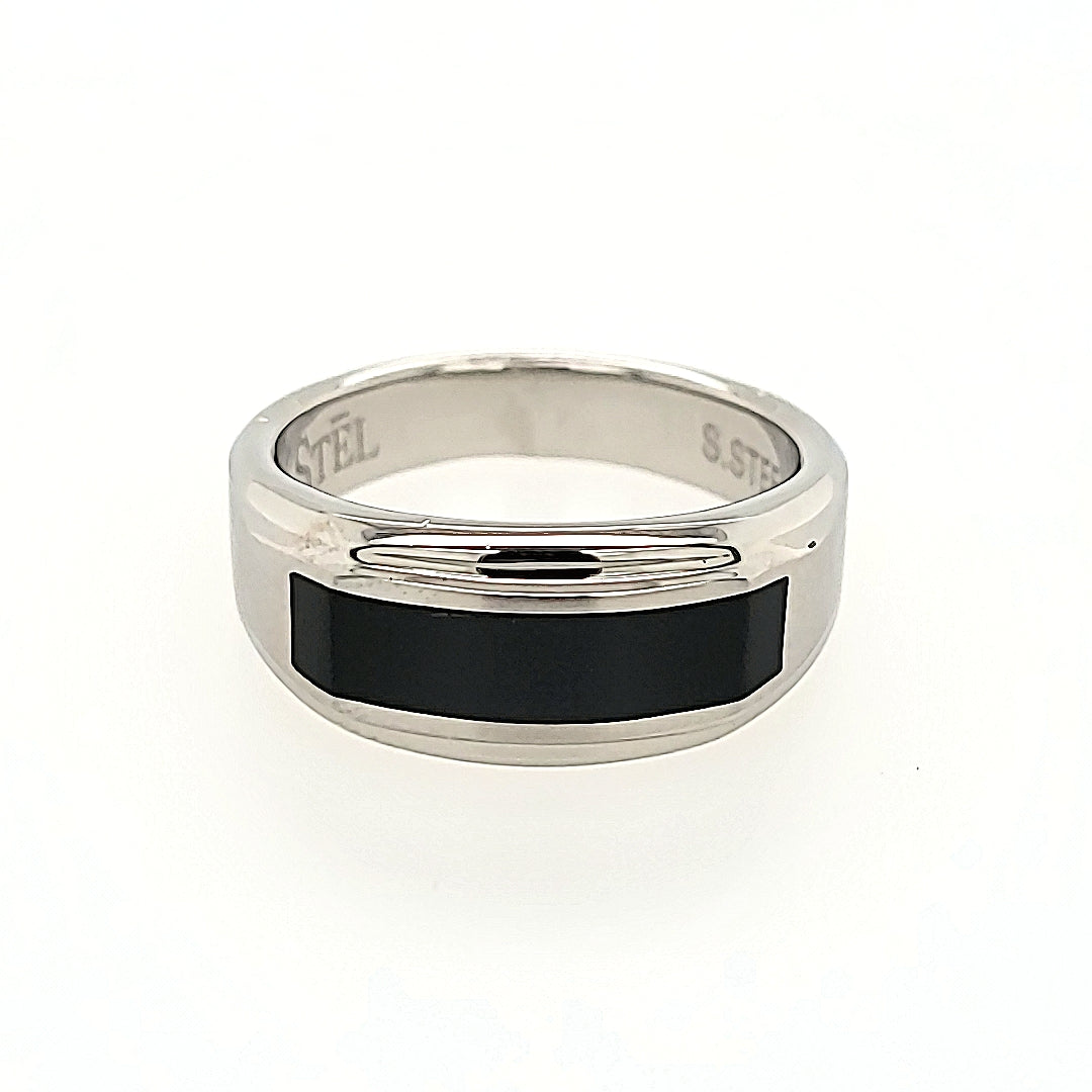 Stainless Steel and Black Enamel Ring
