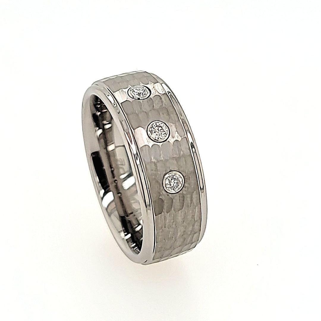 Tungsten Carbide Diamond Ring with a Hammered Finish