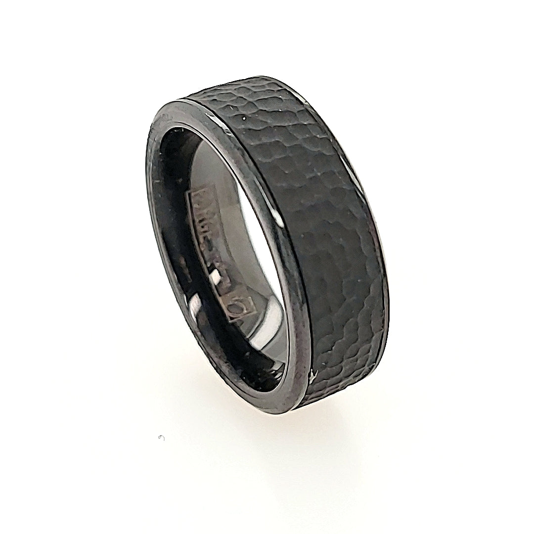 Black Titanium Ring with Hammered Center