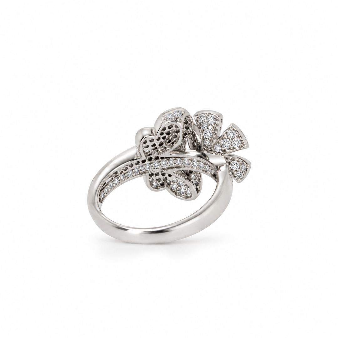 14K White Gold Natural Diamond Flower &amp; Butterfly Pavé Statement Ring (0.66 ctw)