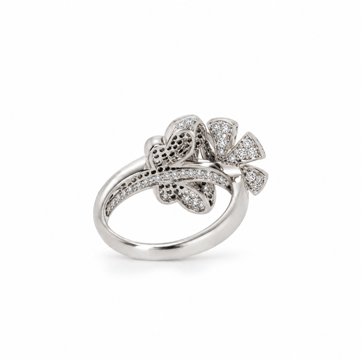 14K White Gold Natural Diamond Flower &amp; Butterfly Pavé Statement Ring (0.66 ctw)