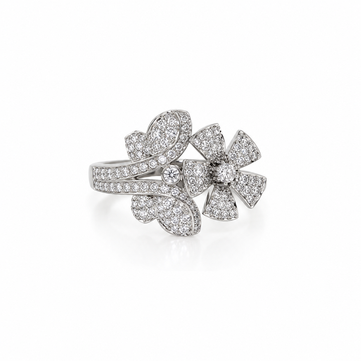 14K White Gold Natural Diamond Flower &amp; Butterfly Pavé Statement Ring (0.66 ctw)