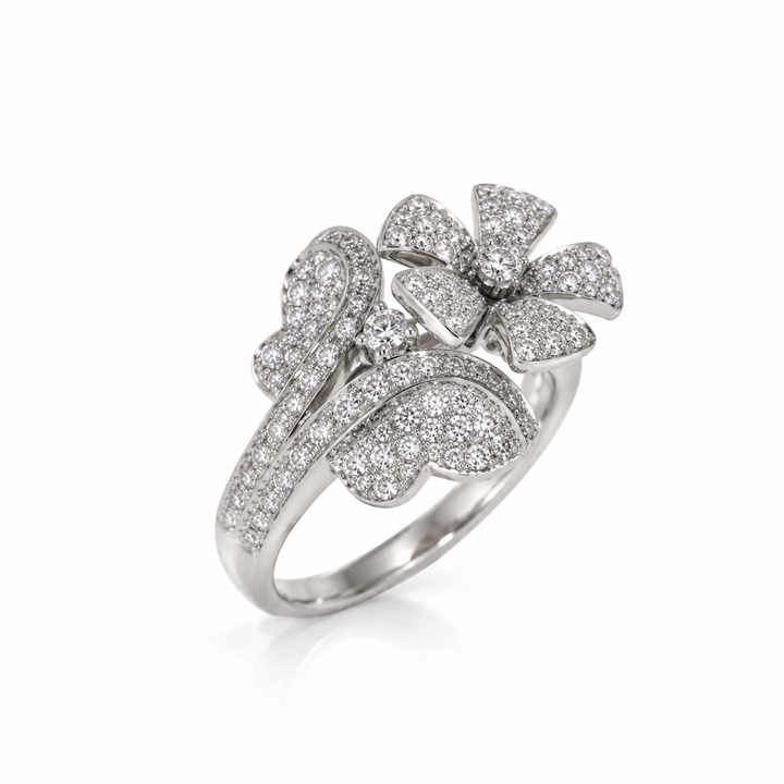 14K White Gold Natural Diamond Flower &amp; Butterfly Pavé Statement Ring (0.66 ctw)