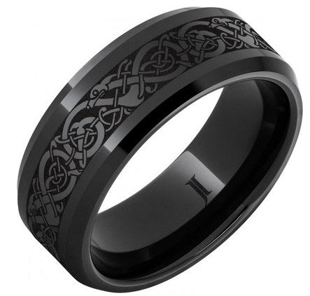 Black Ceramic Wedding Band with Viking Inspired Laser Etching