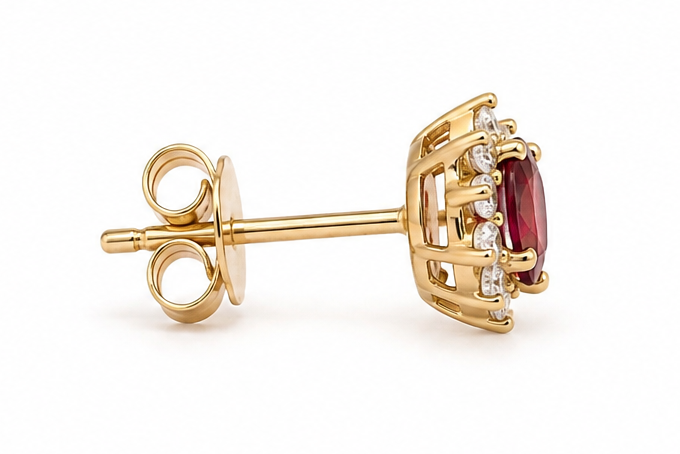 Ruby Stud Earrings with Diamond Halos in 14k Gold