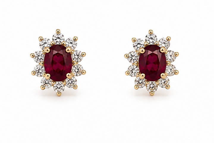 Ruby Stud Earrings with Diamond Halos in 14k Gold