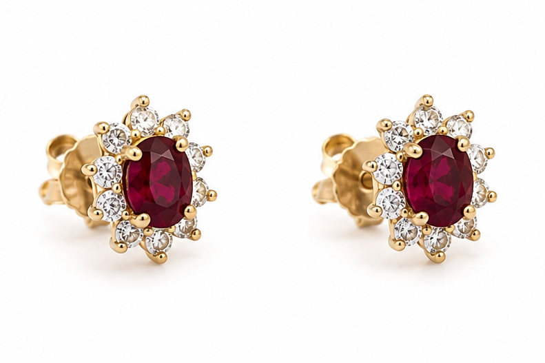 Ruby Stud Earrings with Diamond Halos in 14k Gold