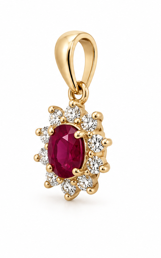 Ruby Pendant with a Diamond Halo in 14k Gold