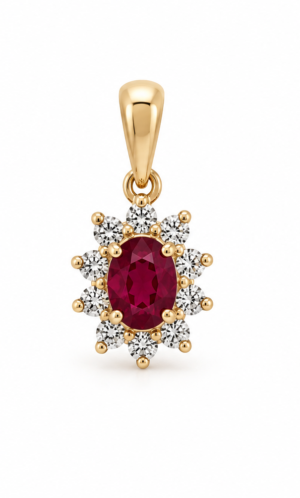 Ruby Pendant with a Diamond Halo in 14k Gold