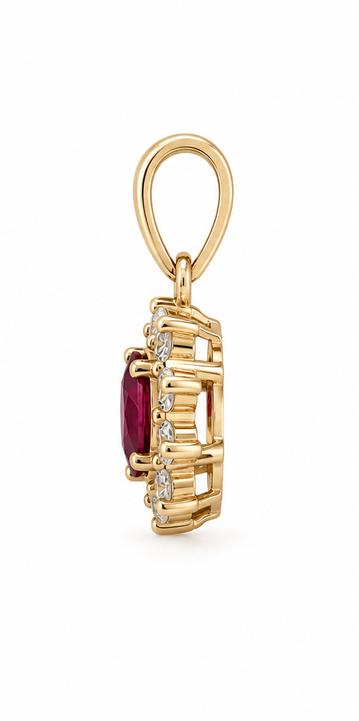 Ruby Pendant with a Diamond Halo in 14k Gold