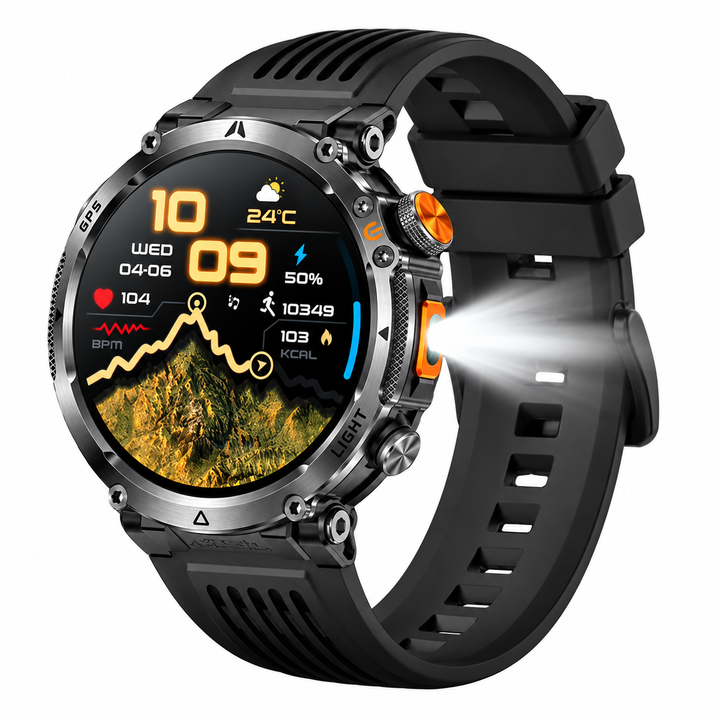 Rugged Tactical Outdoor Smartwatch with Built-In LED Flashlight &amp; Bluetooth Call