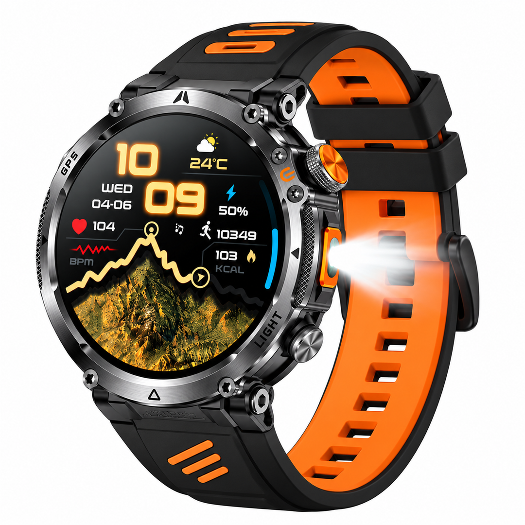 Rugged Tactical Outdoor Smartwatch with Built-In LED Flashlight &amp; Bluetooth Call