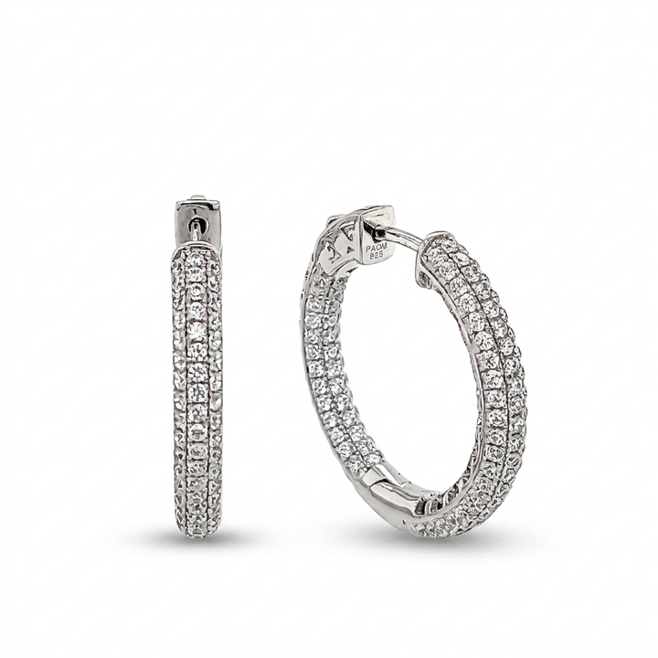 Sterling Silver Inside Out Hoop Earrings set with 3 rows of round cut cubic zirconia