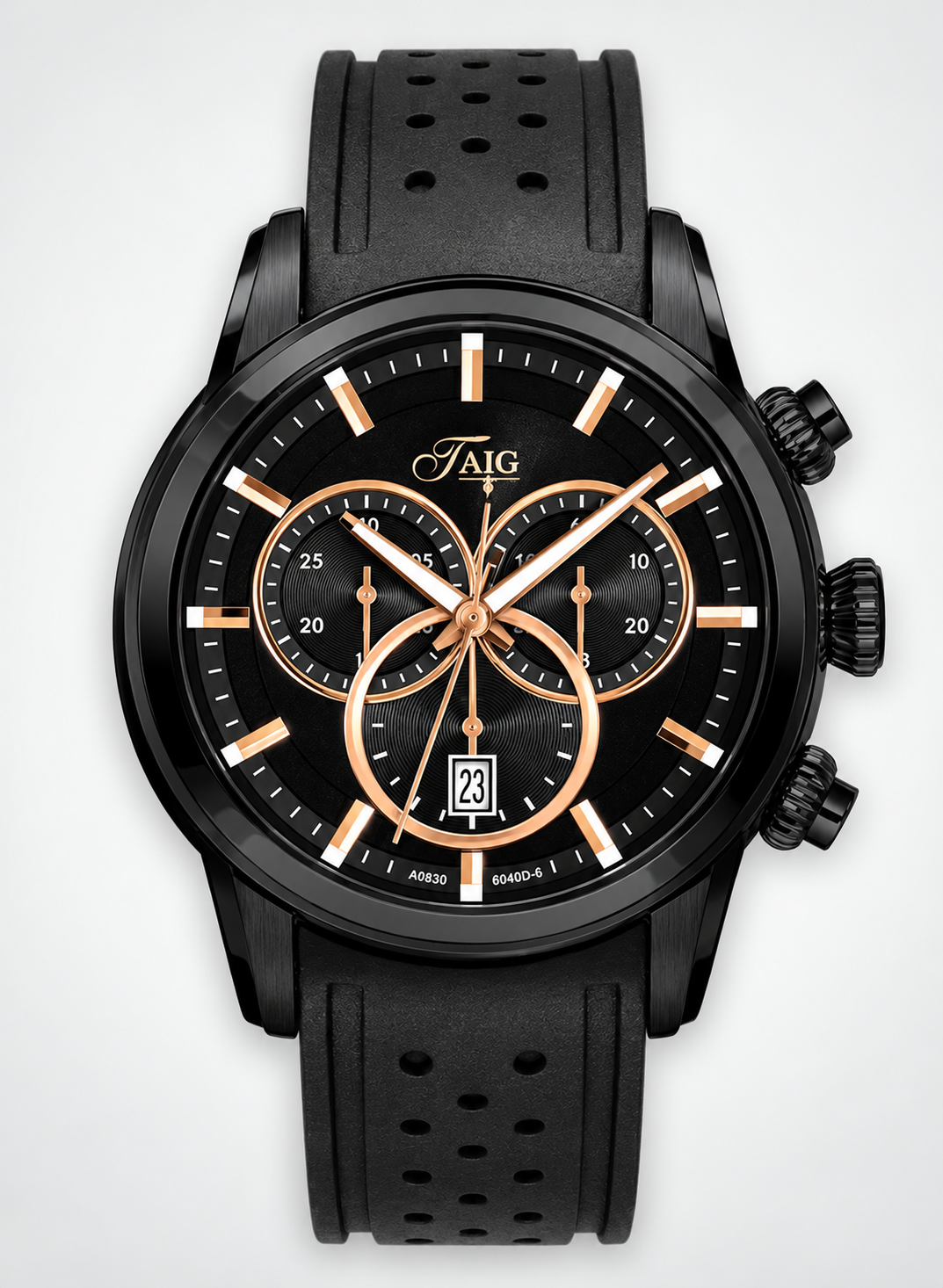 TAIG Swiss Chronograph Watch – Black IP Stainless Steel &amp; Rose Gold, 45mm