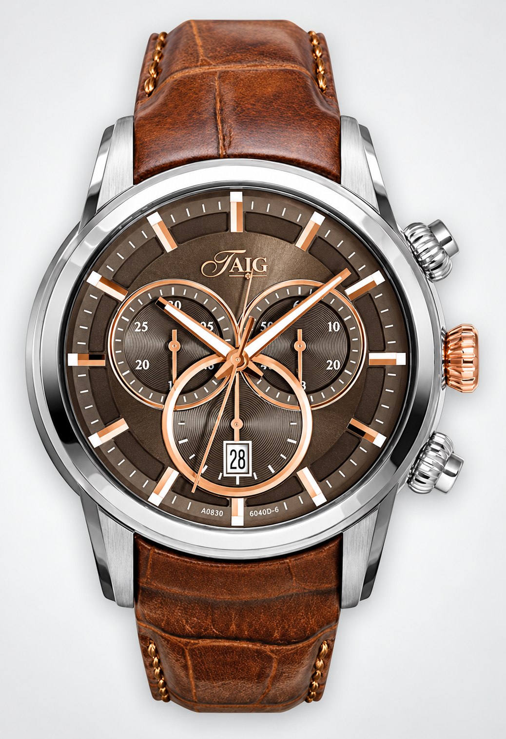 TAIG 43mm Swiss Chronograph Watch – Rose Gold &amp; Genuine Leather