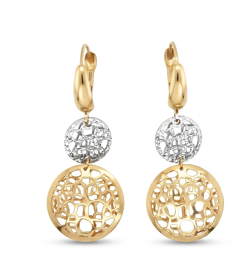 Yellow and white gold earrings featuring abstract inspired cutout discs with lever back closures