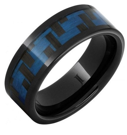 Black Diamond Ceramic Ring with blue and black carbon fiber weave inlay