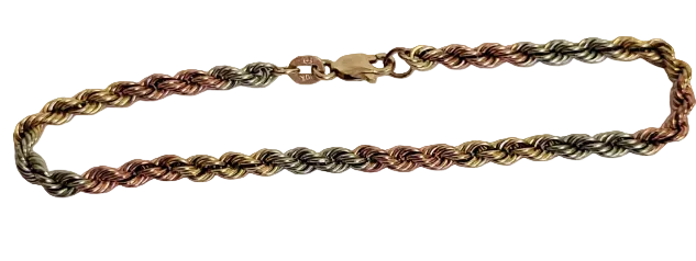 Tri-color rope chain bracelet on a white background