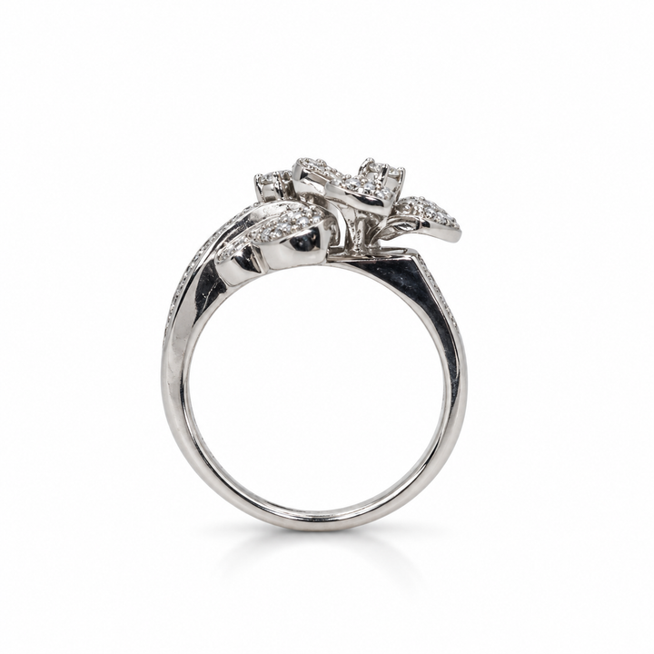 14K White Gold Natural Diamond Flower &amp; Butterfly Pavé Statement Ring (0.66 ctw)