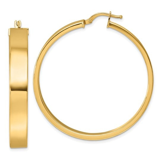 14K Yellow Gold Hoop Earrings – 45mm Round, Hinged Closure, Flat Profile