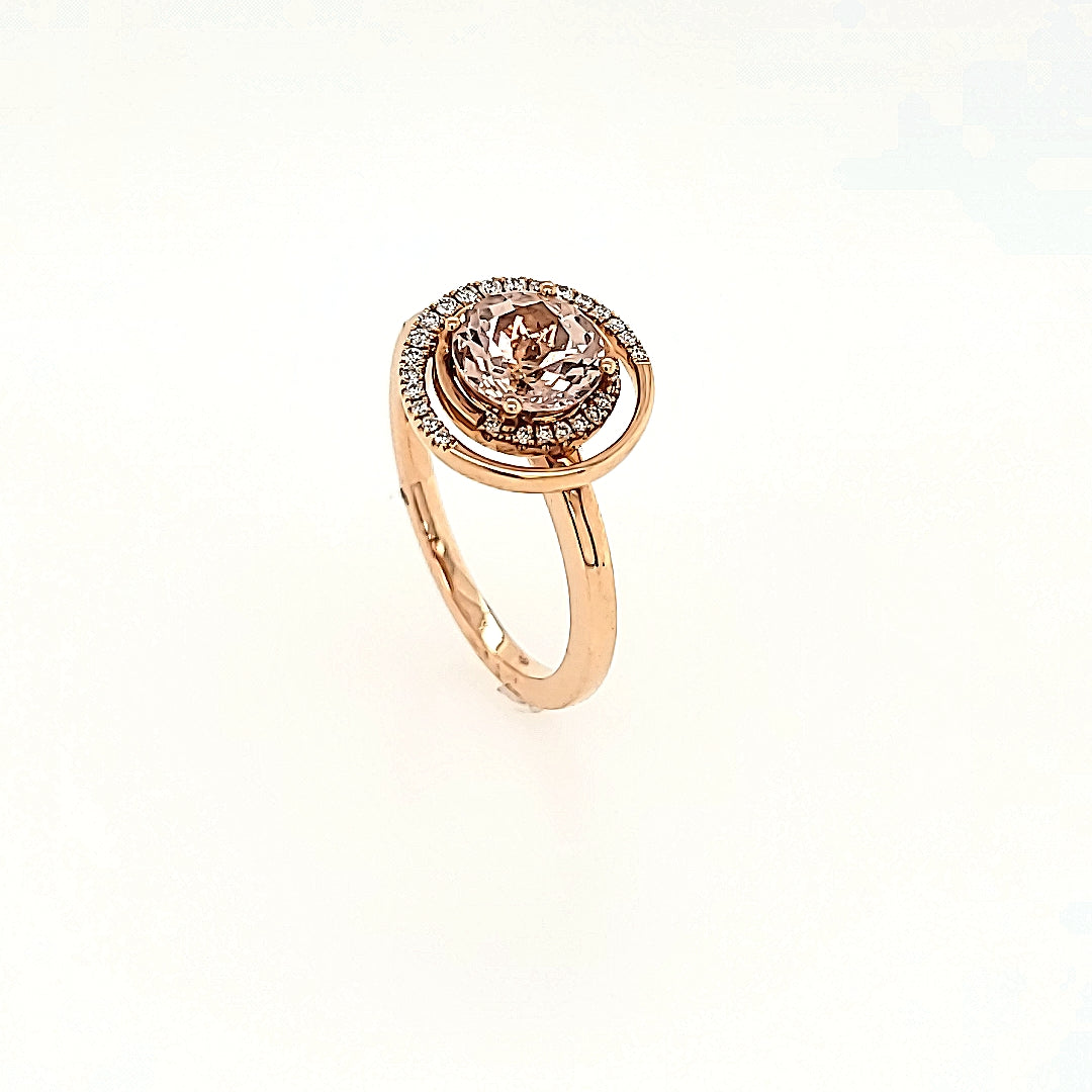 Eclipse Inspired Morganite Halo Ring with Diamonds in 14k Gold