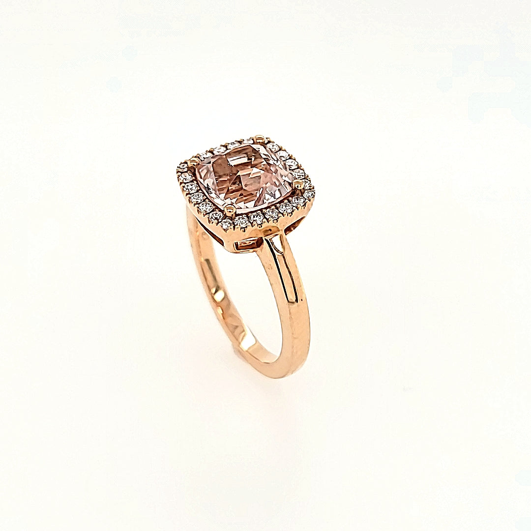 Chatham Morganite Halo Ring with Diamonds in 14k Gold