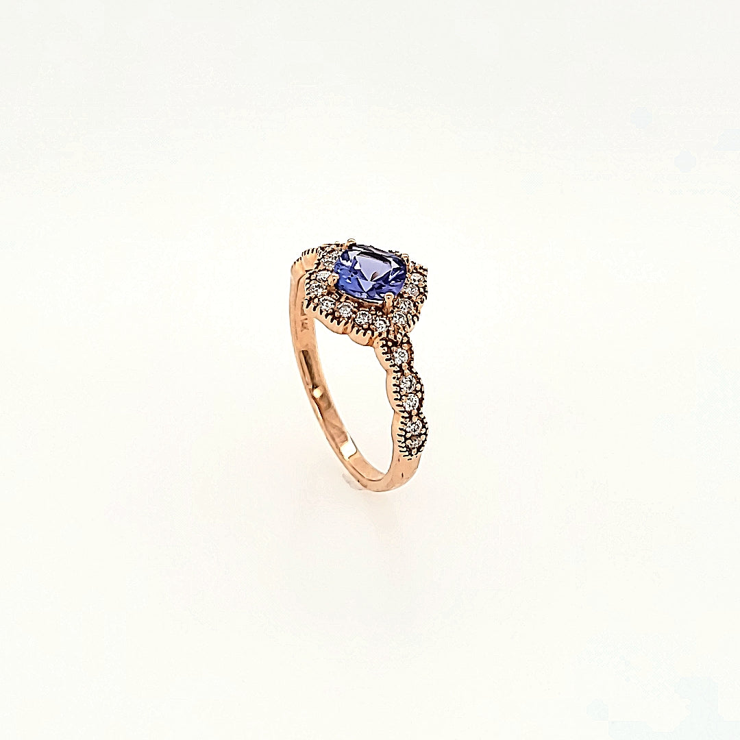 Antique Inspired Tanzanite Halo Ring with Diamonds in 14k Gold