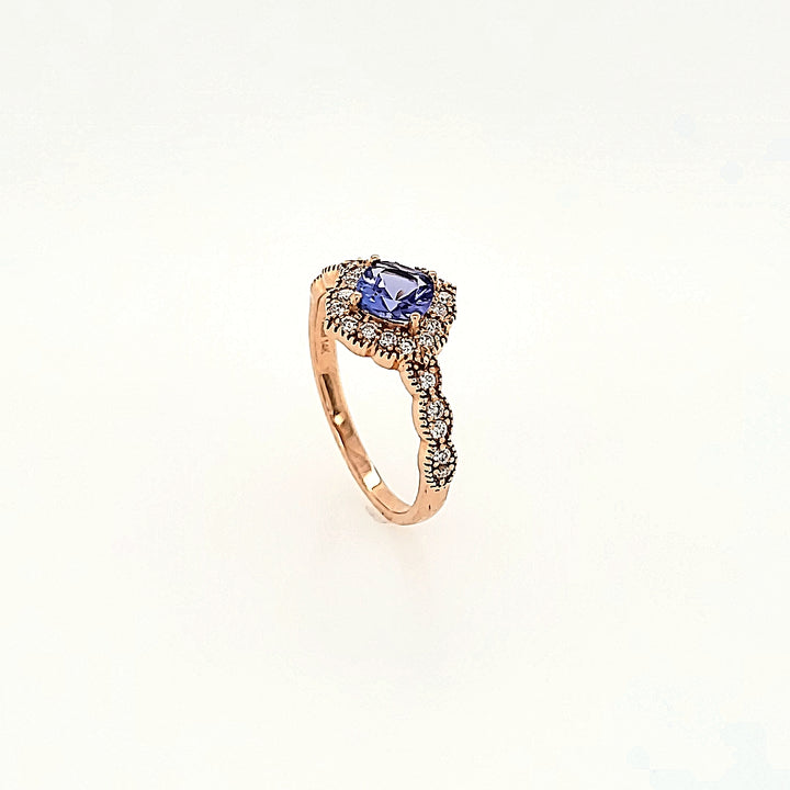 Antique Inspired Tanzanite Halo Ring with Diamonds in 14k Gold