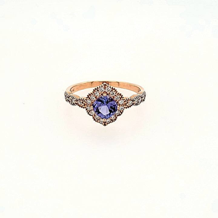 Antique Inspired Tanzanite Halo Ring with Diamonds in 14k Gold