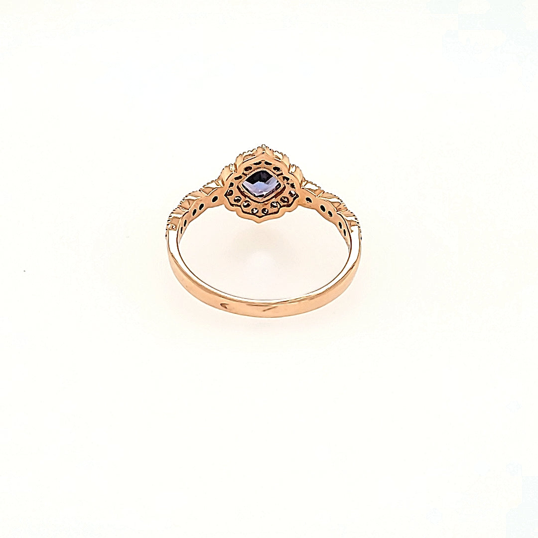Antique Inspired Tanzanite Halo Ring with Diamonds in 14k Gold
