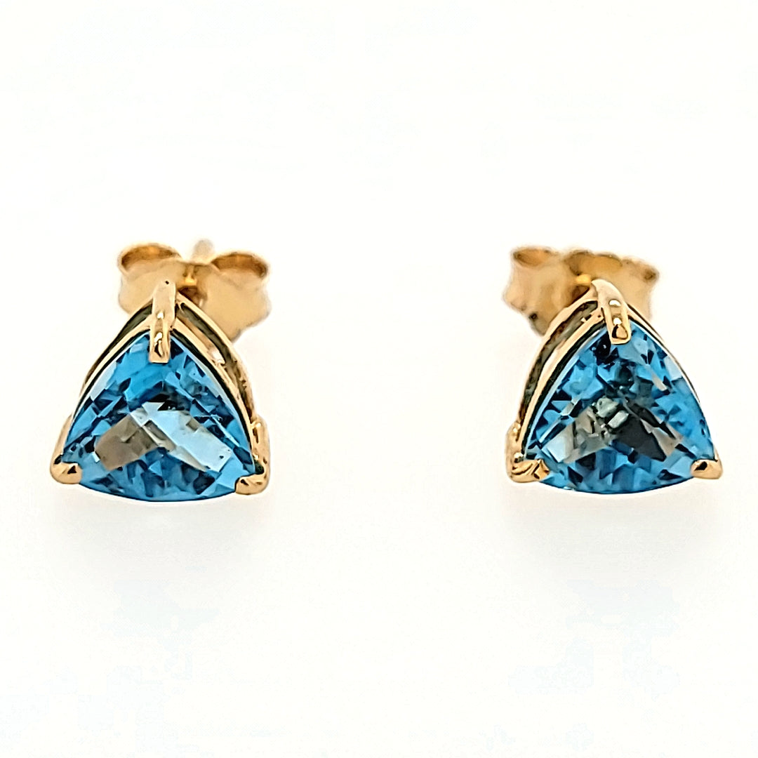 Triangle Cut Blue Topaz Studs in 14k Gold