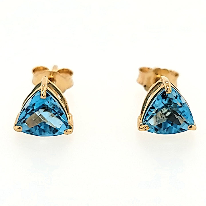 Triangle Cut Blue Topaz Studs in 14k Gold