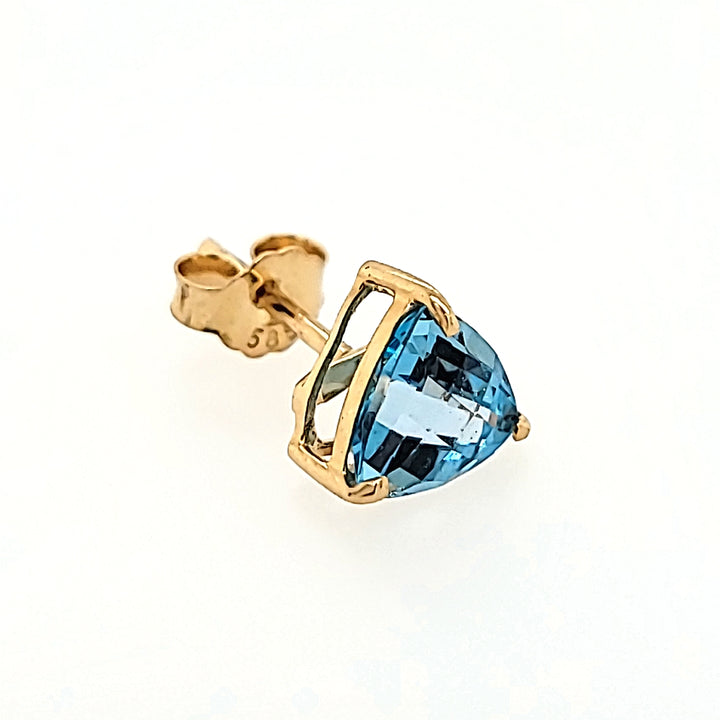 Triangle Cut Blue Topaz Studs in 14k Gold