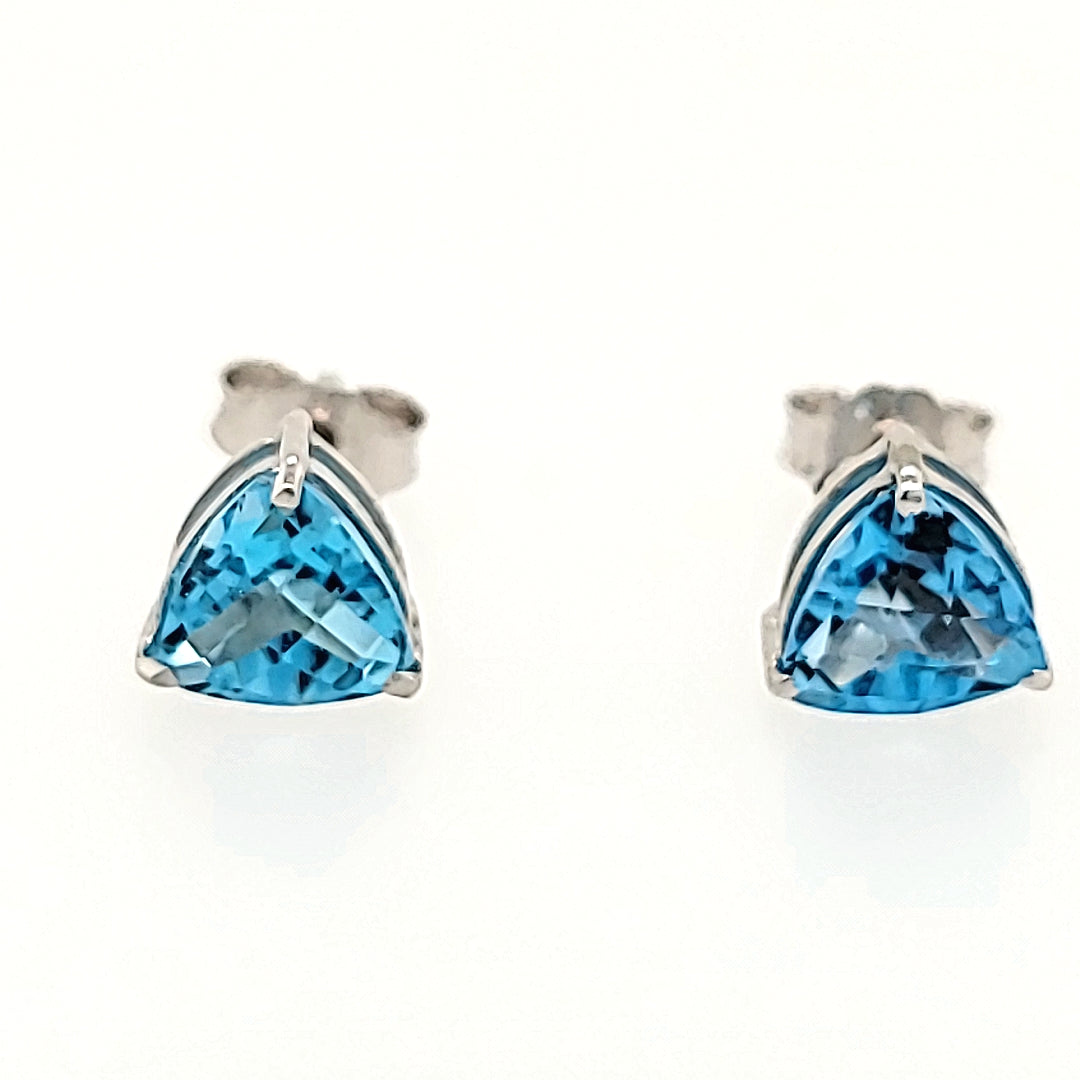 Triangle Cut Blue Topaz Studs in 14k Gold