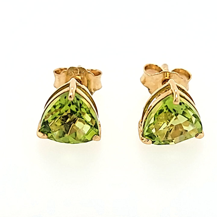 Triangle Cut Peridot Studs in 14k Gold