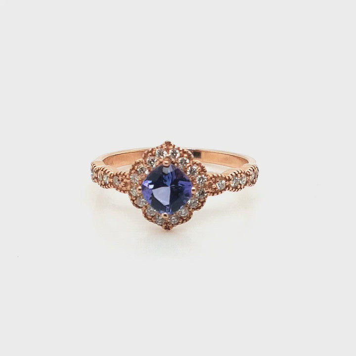 Antique Inspired Tanzanite Halo Ring with Diamonds in 14k Gold